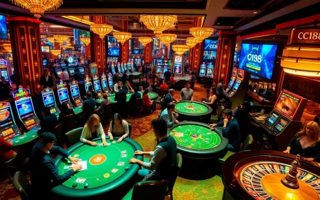 Experience high-stakes gaming at C168's luxurious casino, featuring poker tables and slot machines.