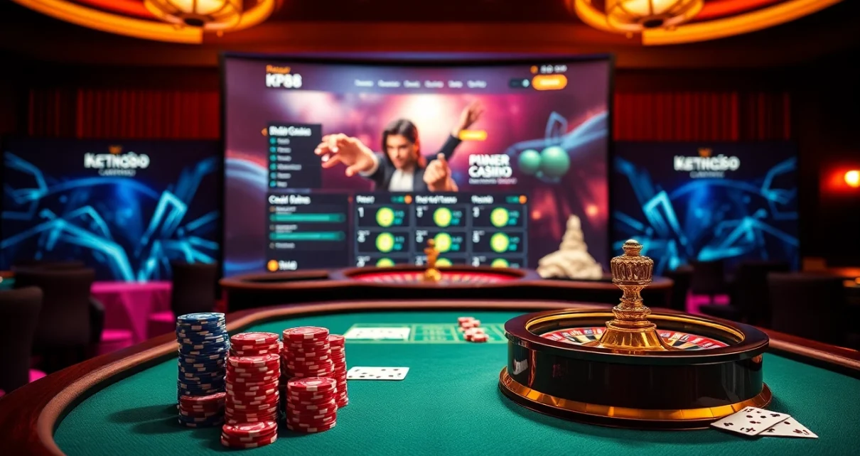 Engage in thrilling KP88 casino action with vibrant poker chips and illuminated roulette.