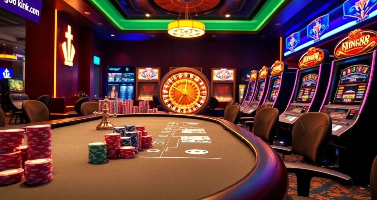 Excited players enjoying a luxurious king88 gaming experience at a vibrant casino table.