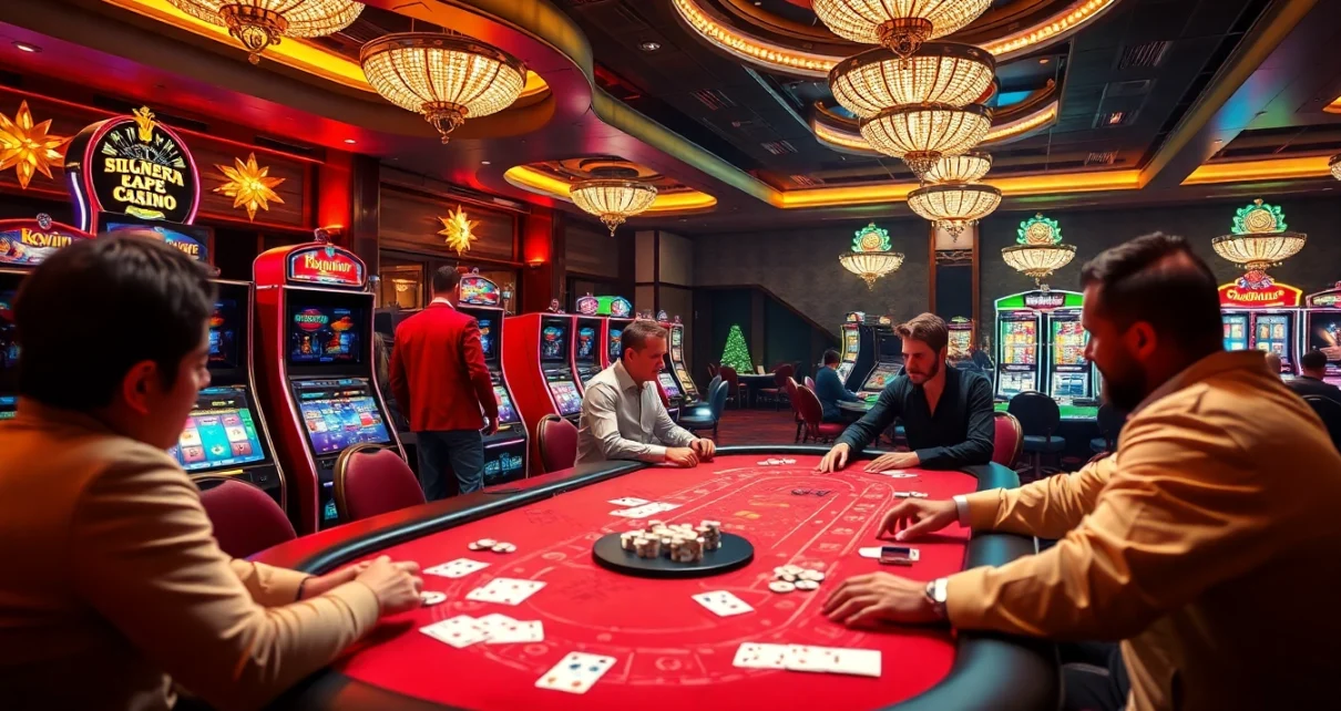 Players enjoying high-stakes games at a luxurious kkwin casino, surrounded by vibrant slot machines.