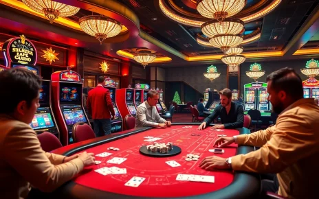 Players enjoying high-stakes games at a luxurious kkwin casino, surrounded by vibrant slot machines.