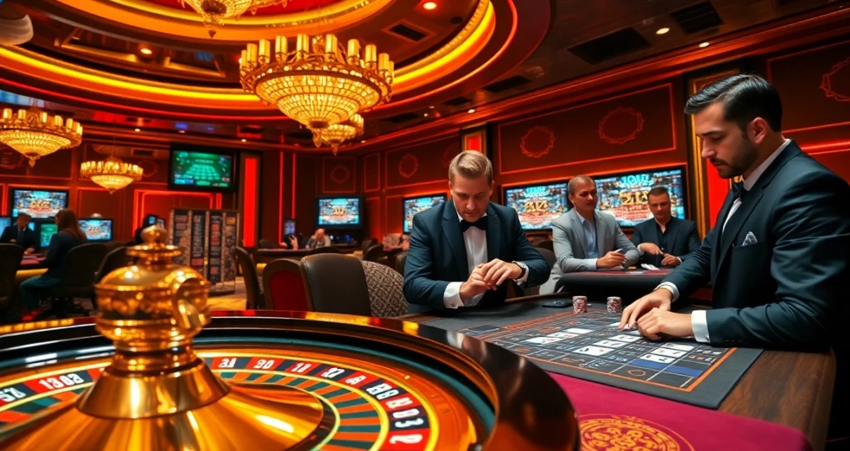 Exciting casino scene at https://rr88co.net/, showcasing players at a poker table with vibrant chips and cards.