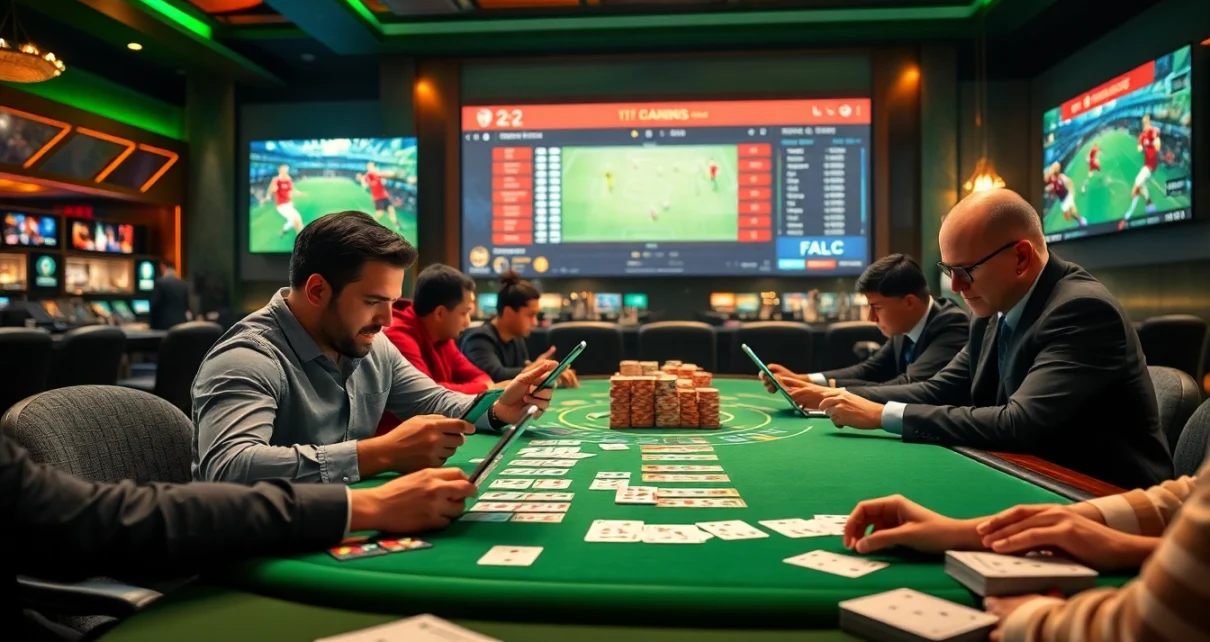 เทคนิคแทงบอล strategies in a luxurious casino setting with players analyzing odds.