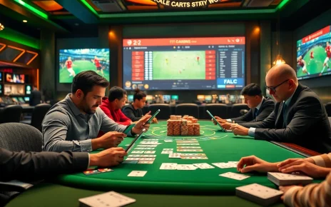 เทคนิคแทงบอล strategies in a luxurious casino setting with players analyzing odds.