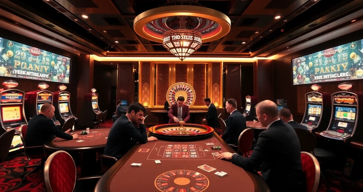 Players enjoying high-stakes gaming at THABET casino featuring poker tables and slot machines.