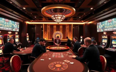 Players enjoying high-stakes gaming at THABET casino featuring poker tables and slot machines.