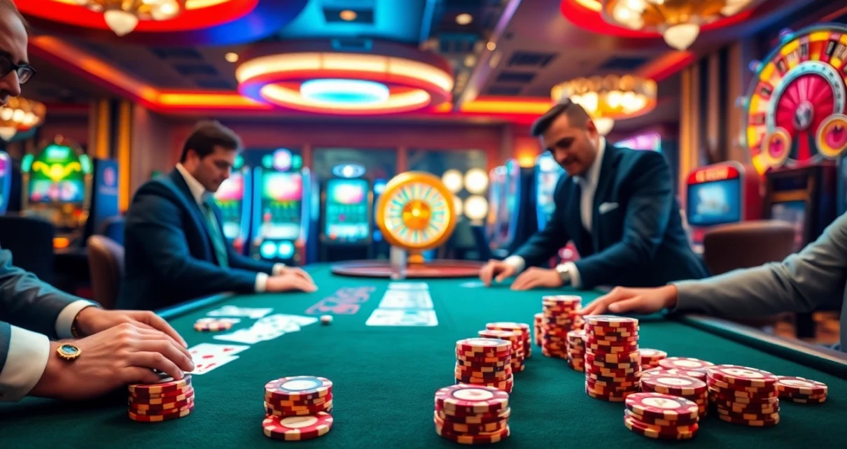 Engage in thrilling gameplay at bet88 with a vibrant casino scene featuring poker chips and slot machines.