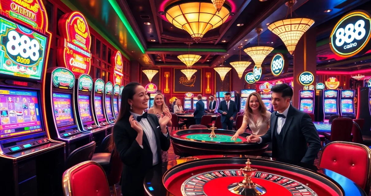 Gamblers enjoy a luxurious experience at 88i casino tables with vibrant slot machines.
