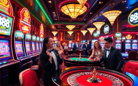 Gamblers enjoy a luxurious experience at 88i casino tables with vibrant slot machines.