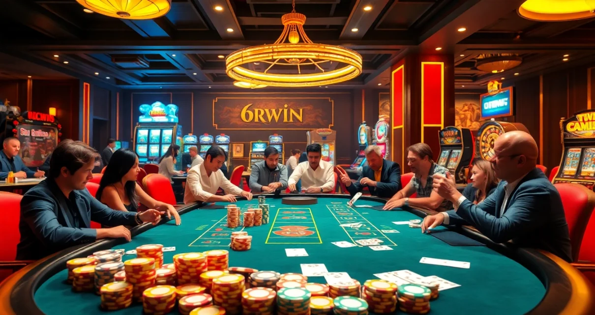 Engage in thrilling gameplay at 6RWIN with vibrant casino tables, chips, and exciting betting activities.