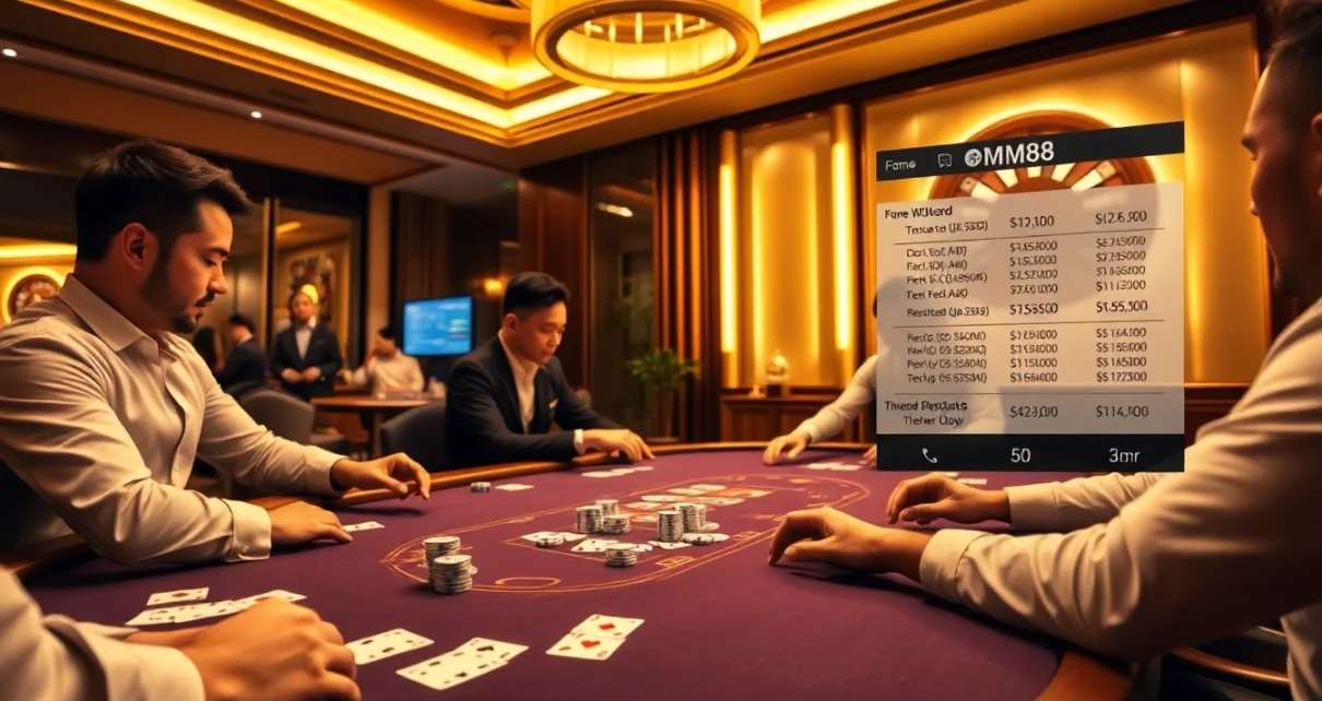 MM88 players competing at a luxurious poker table, showcasing excitement and luxury.