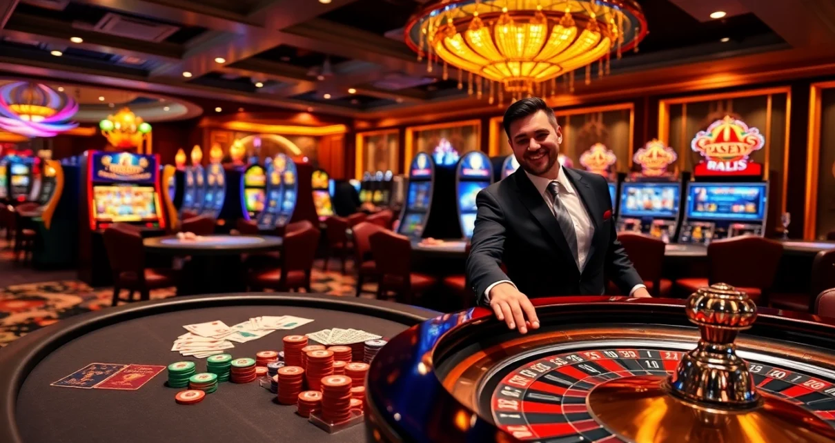 The ambiance of an exciting casino featuring 789p gaming elements, poker table chips, and roulette wheel.