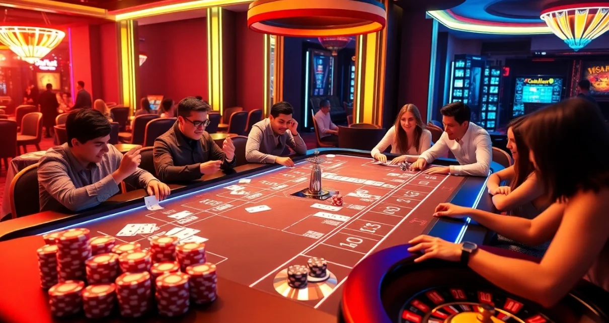 Gambling action at a luxurious mk8 casino table with vibrant players and classic elements.