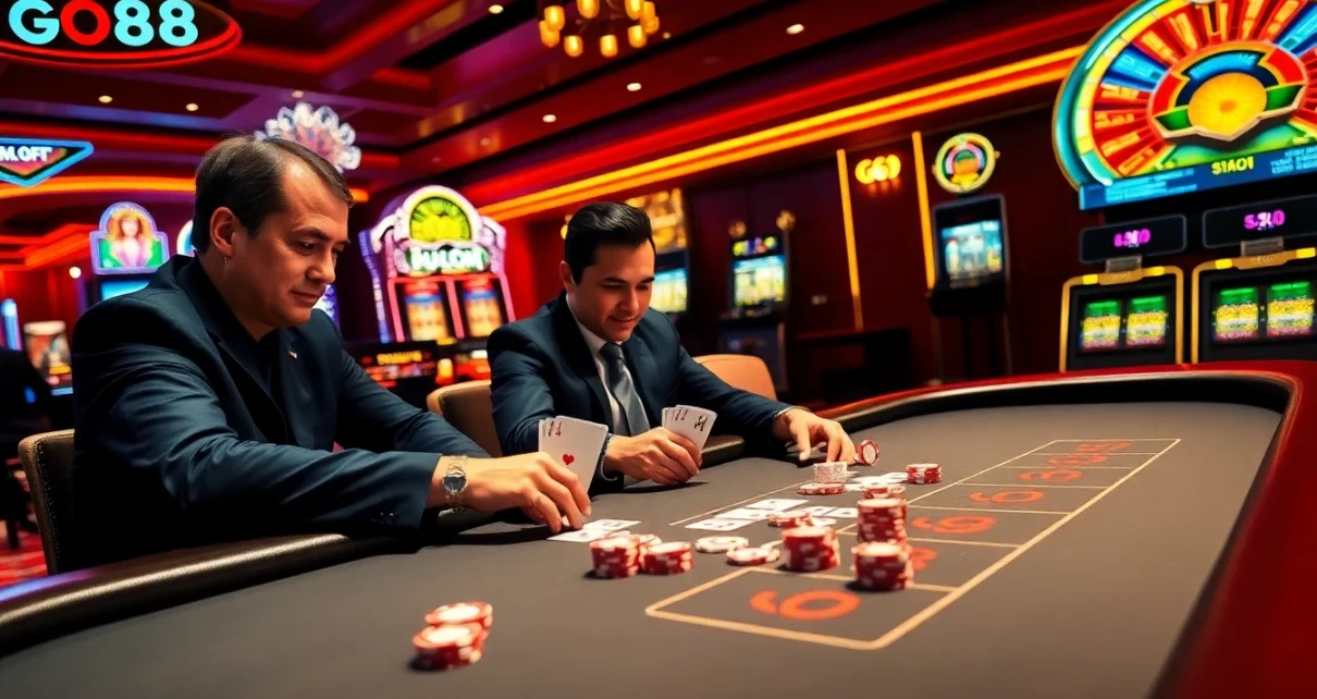 Players enjoying high-stakes poker at GO88's luxurious casino tables.