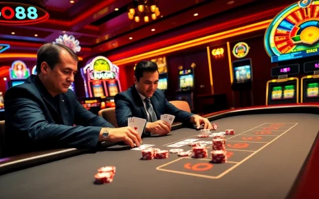 Players enjoying high-stakes poker at GO88's luxurious casino tables.