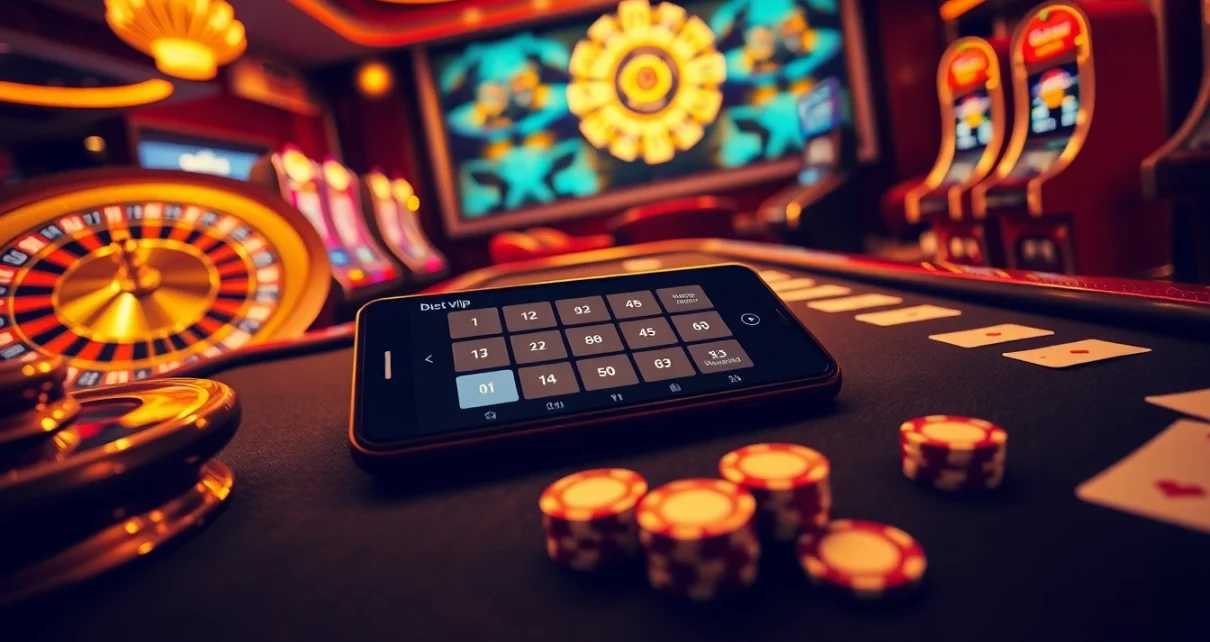 Trải nghiệm sự phấn khích với Bet VIP App, thể hiện các yếu tố sòng bạc sang trọng và hành động chơi game sôi động.