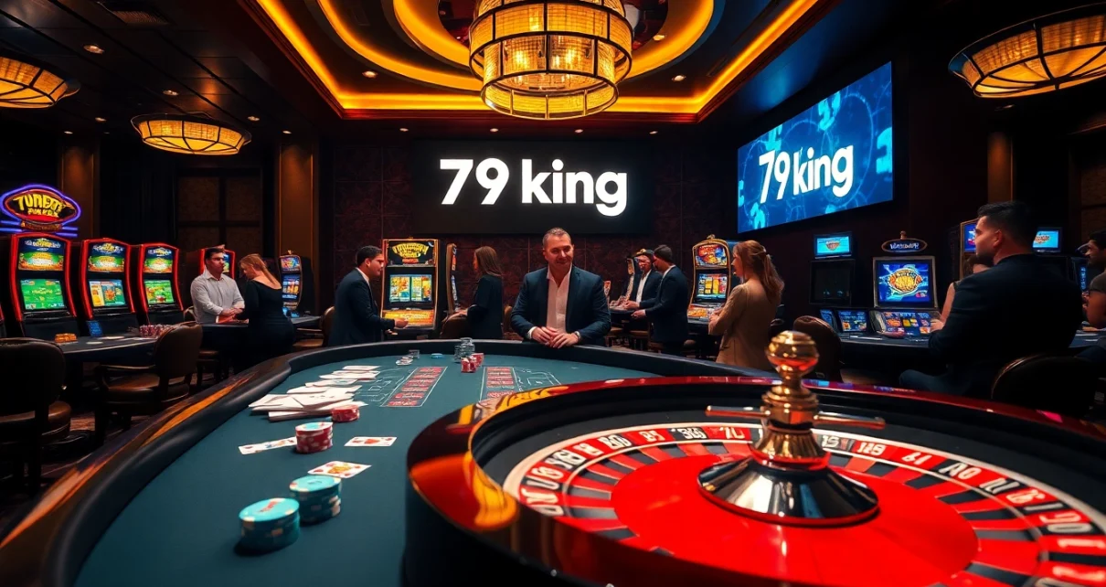 Engaging gambling scene at 79king casino with poker chips, cards, and roulette wheel.