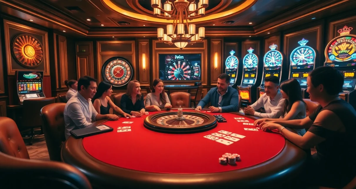 IWin gaming table filled with excited players enjoying a thrilling poker game in a luxurious casino setting.