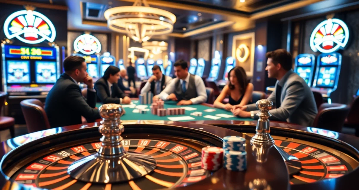 Experience the excitement of LC88 with poker chips and a roulette wheel in a luxury casino setting.