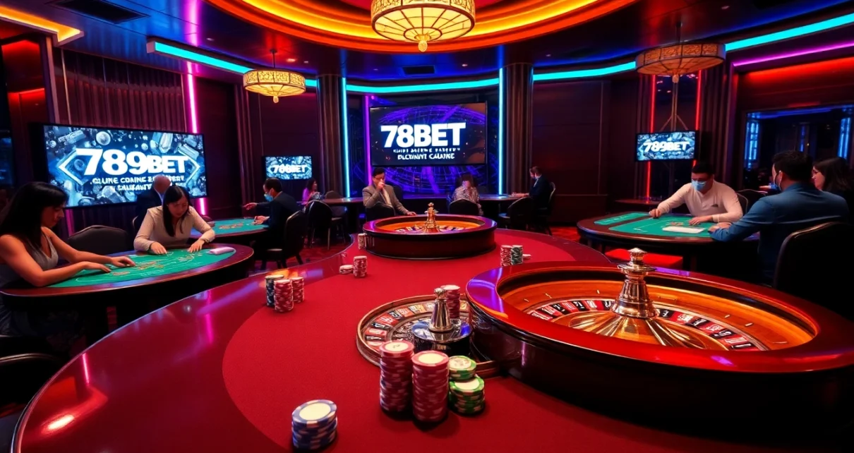 Exciting scene of players enjoying games at 789BET casino tables with vibrant colors and luxurious ambiance.
