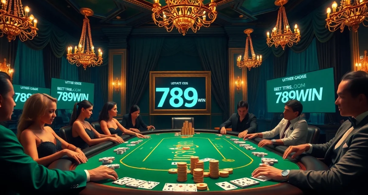Players enjoy high-stakes poker at a luxurious casino with 789WIN prominently featured in the decor.