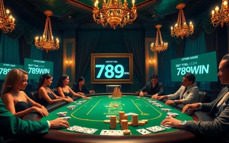 Players enjoy high-stakes poker at a luxurious casino with 789WIN prominently featured in the decor.