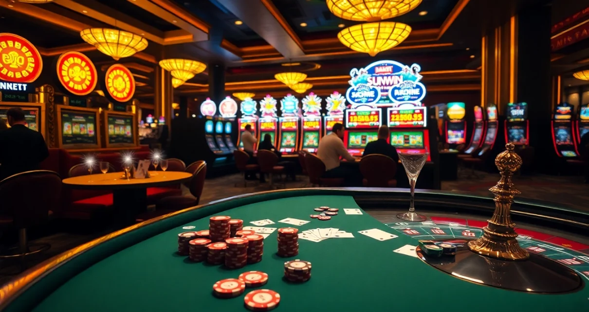 Experience the excitement of Sunwin gaming with vibrant casino scenes full of poker and slot action.