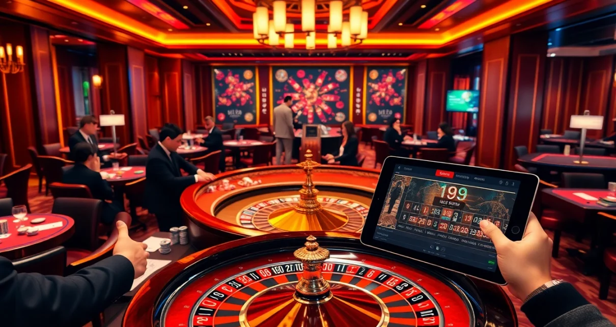 An exciting gaming atmosphere with the liên minh kjc showcasing roulette and poker action, highlighting thrilling moments in gambling.
