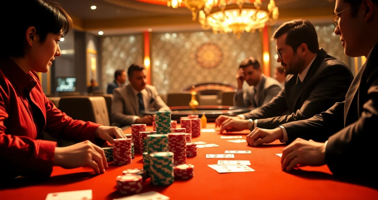Experience the excitement of 32WIN's thrilling poker games with vibrant chips and professional players.