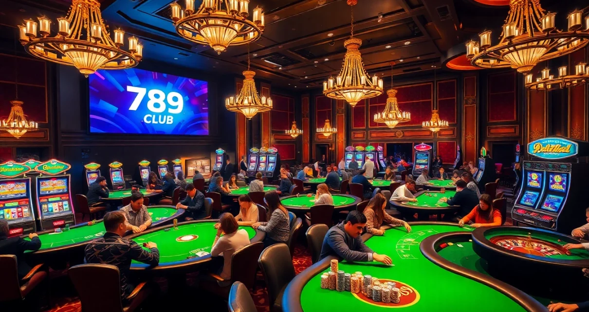 Experience thrilling gameplay at 789CLUB with vibrant casino visuals featuring poker tables and slot machines.