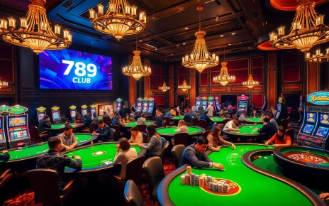 Experience thrilling gameplay at 789CLUB with vibrant casino visuals featuring poker tables and slot machines.
