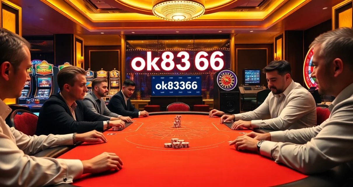 Players engaging in poker with ok8386 themed chips and cards in a luxurious casino setting.