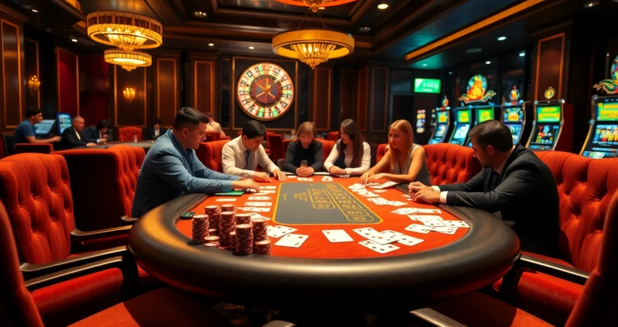 התרגשות במשחק פוקר בהימורים גבוהים בקזינו יוקרתי עם אלמנטים מושקעים הקשורים להימור.