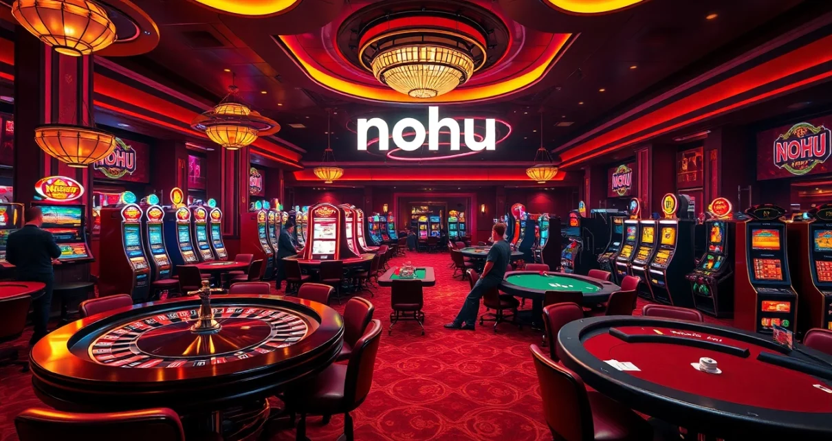 Nohu-themed casino atmosphere with engaging players at tables, showcasing excitement in gambling.