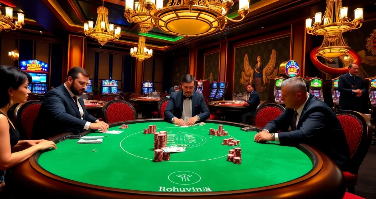 Engage with winning strategies at nohuvina.com poker table amidst a thrilling casino atmosphere.