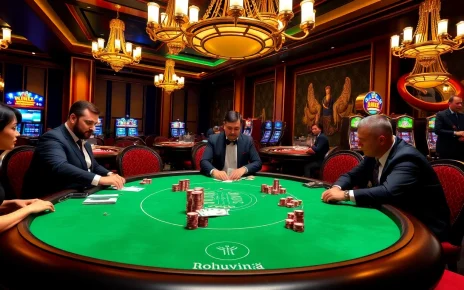 Engage with winning strategies at nohuvina.com poker table amidst a thrilling casino atmosphere.