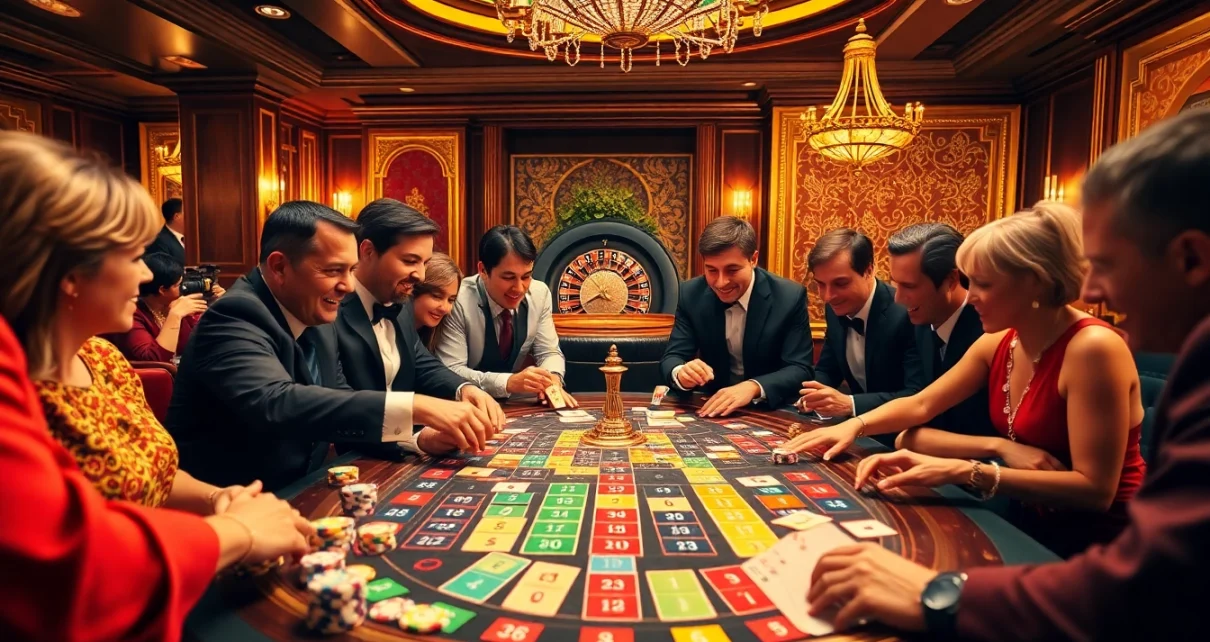 שחקנים נלהבים משתתפים ברמיקוב אונליין סביב שולחן בסגנון קזינו צבעוני, המציג משחק אסטרטגי.