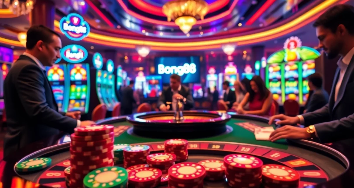 Bong88 casino scene featuring an engaging roulette table with chips and players excitedly betting.