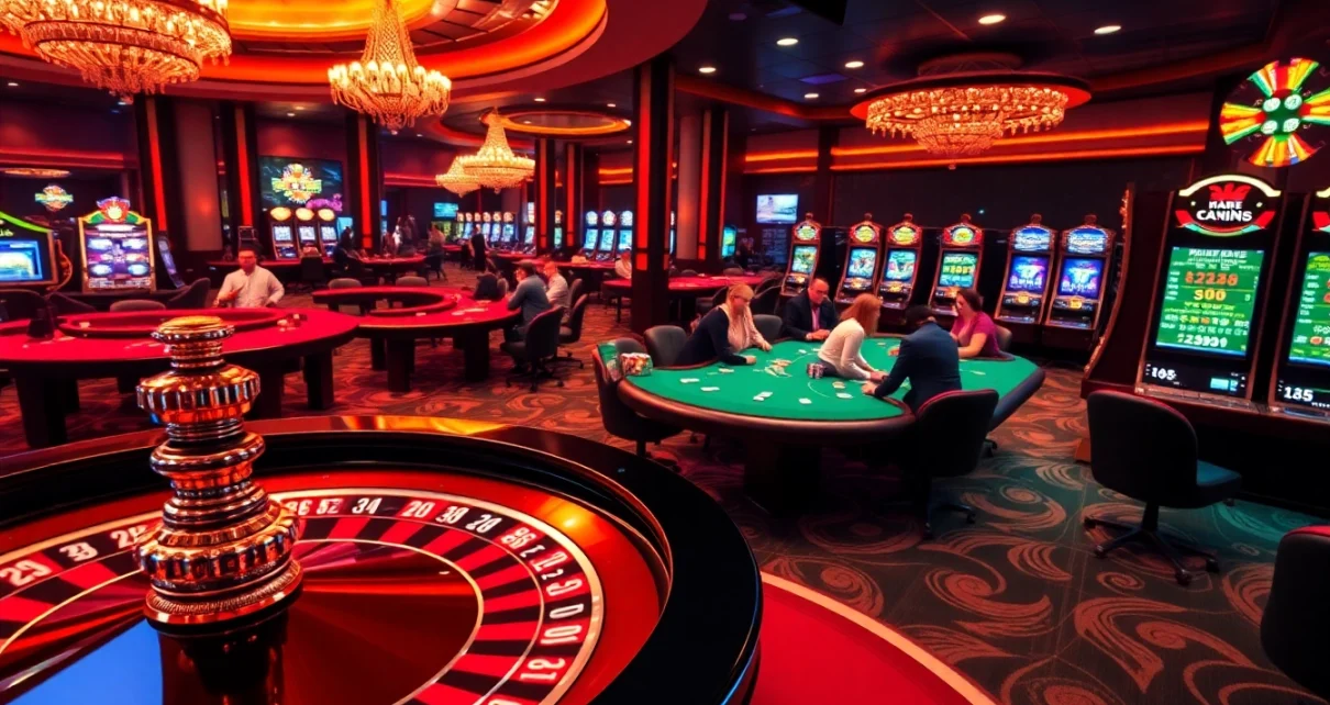 Action-packed scene showing players at poker tables in a casino featuring hidden wiki references to online gambling.