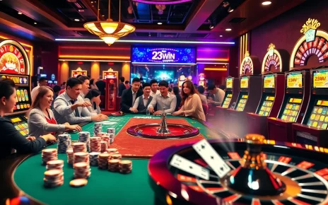 Engaging players enjoying their time at 23WIN's online casino with vibrant tables and gaming elements.
