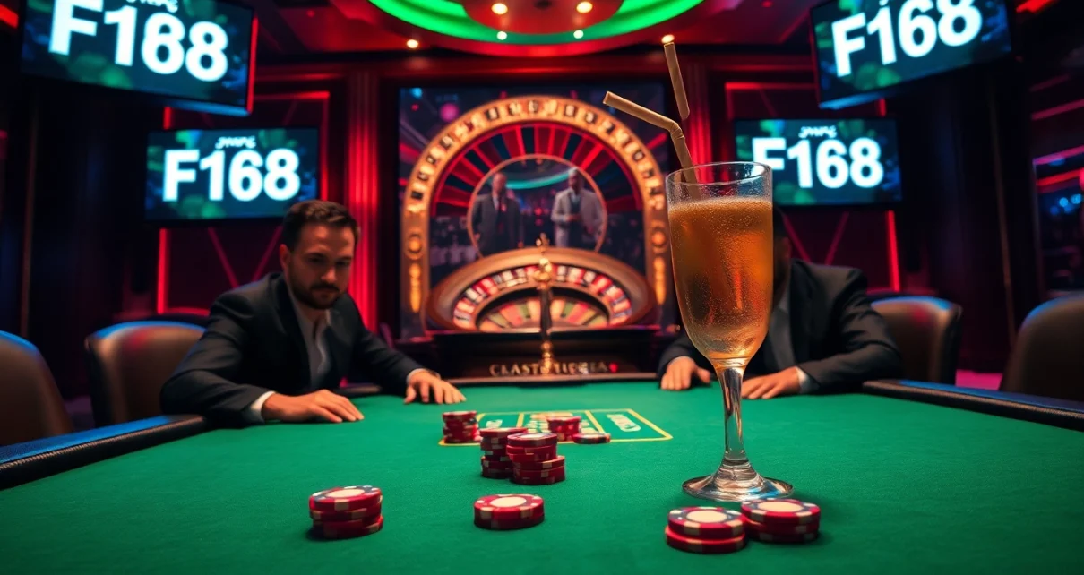 Players at the F168 poker table strategize with colorful chips and a roulette wheel in a vibrant casino.