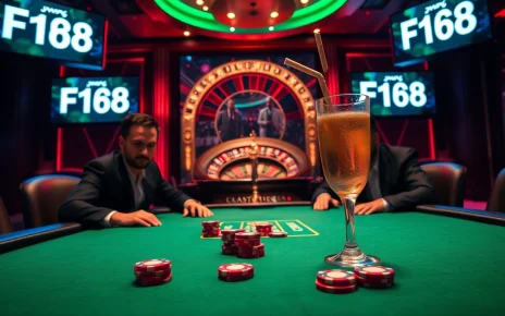 Players at the F168 poker table strategize with colorful chips and a roulette wheel in a vibrant casino.
