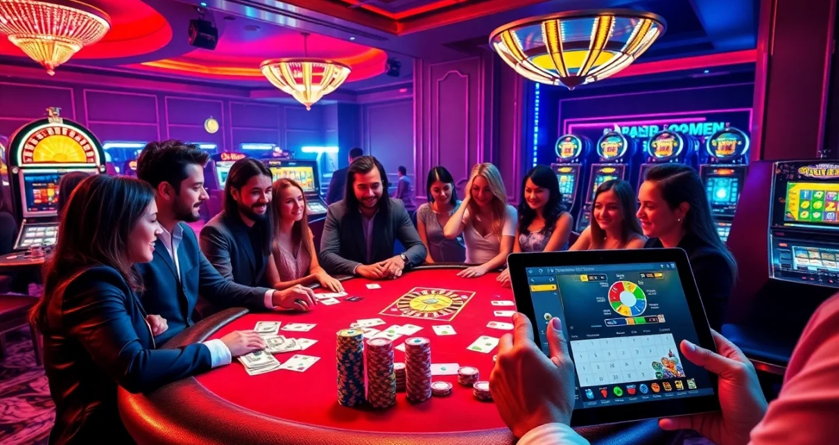 Players enjoying a thrilling poker game at a luxury casino inspired by rikvip, showcasing cards and chips.