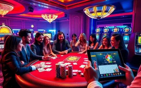 Players enjoying a thrilling poker game at a luxury casino inspired by rikvip, showcasing cards and chips.
