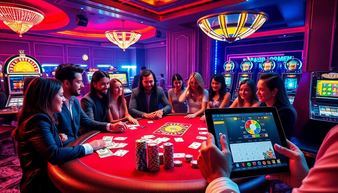 Players enjoying a thrilling poker game at a luxury casino inspired by rikvip, showcasing cards and chips.