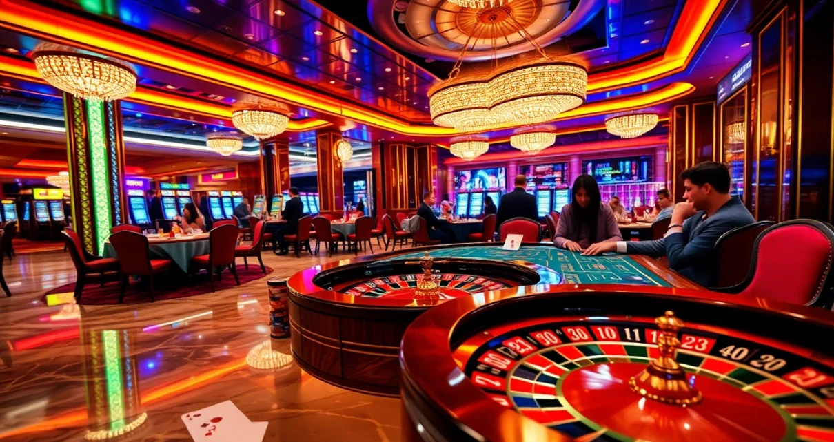 Experience the thrill of game bài đổi thưởng at an upscale casino table surrounded by vibrant colors.