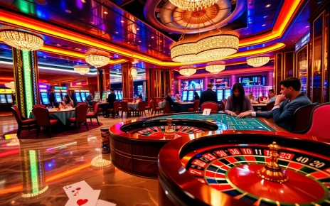 Experience the thrill of game bài đổi thưởng at an upscale casino table surrounded by vibrant colors.