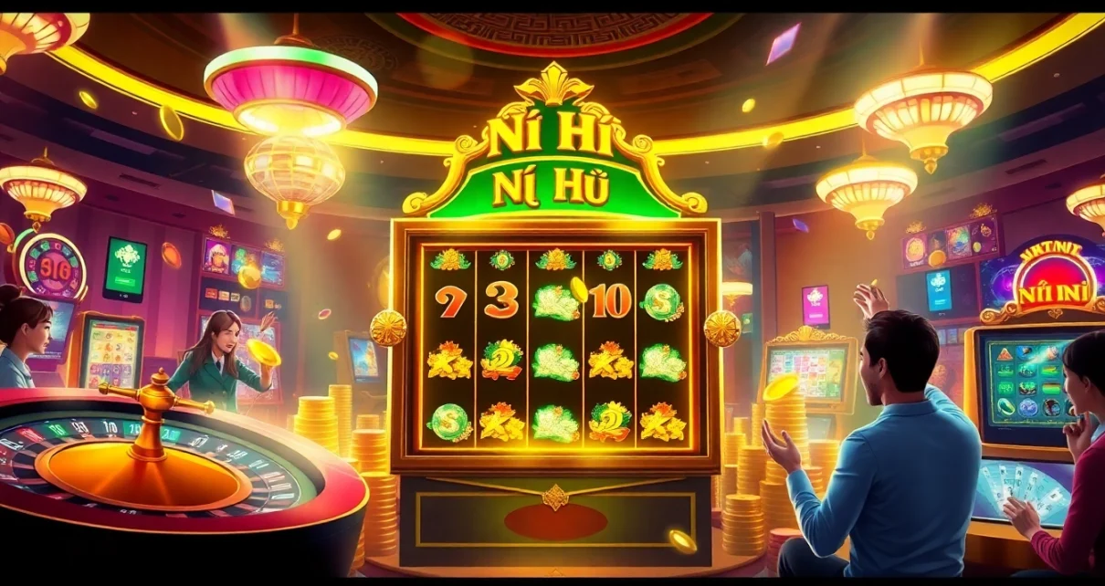 Nổ Hũ slot machine lighting up the casino floor with players celebrating wins.
