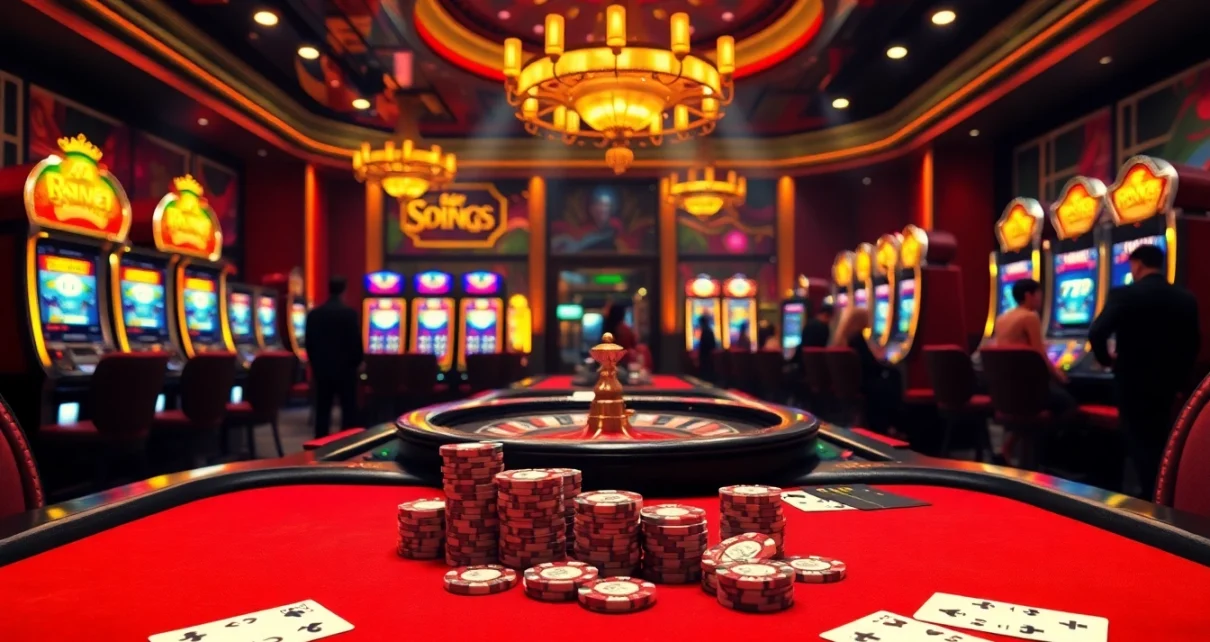 Experience the thrill of gambling at https://kk55.blue/, featuring luxurious casino tables, chips, and a roulette wheel.