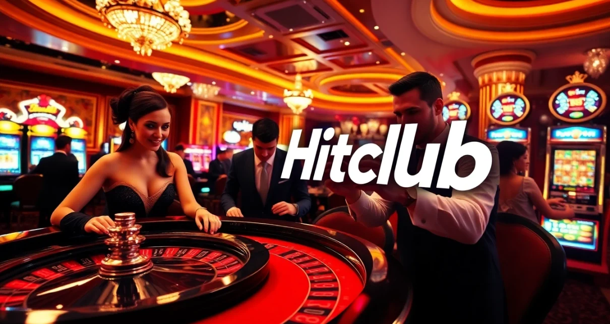 Hitclub players enjoying a thrilling game at an elegant casino, featuring roulette and poker excitement.